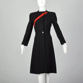1940s Gilbert Adrian Black Wool Coat with Asymmetric Red Stripe