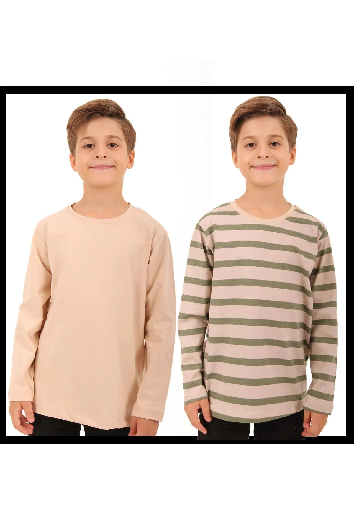 2li bisiklet yaka uzun kollu çizgili ve düz unisex çocuk sweatshirt