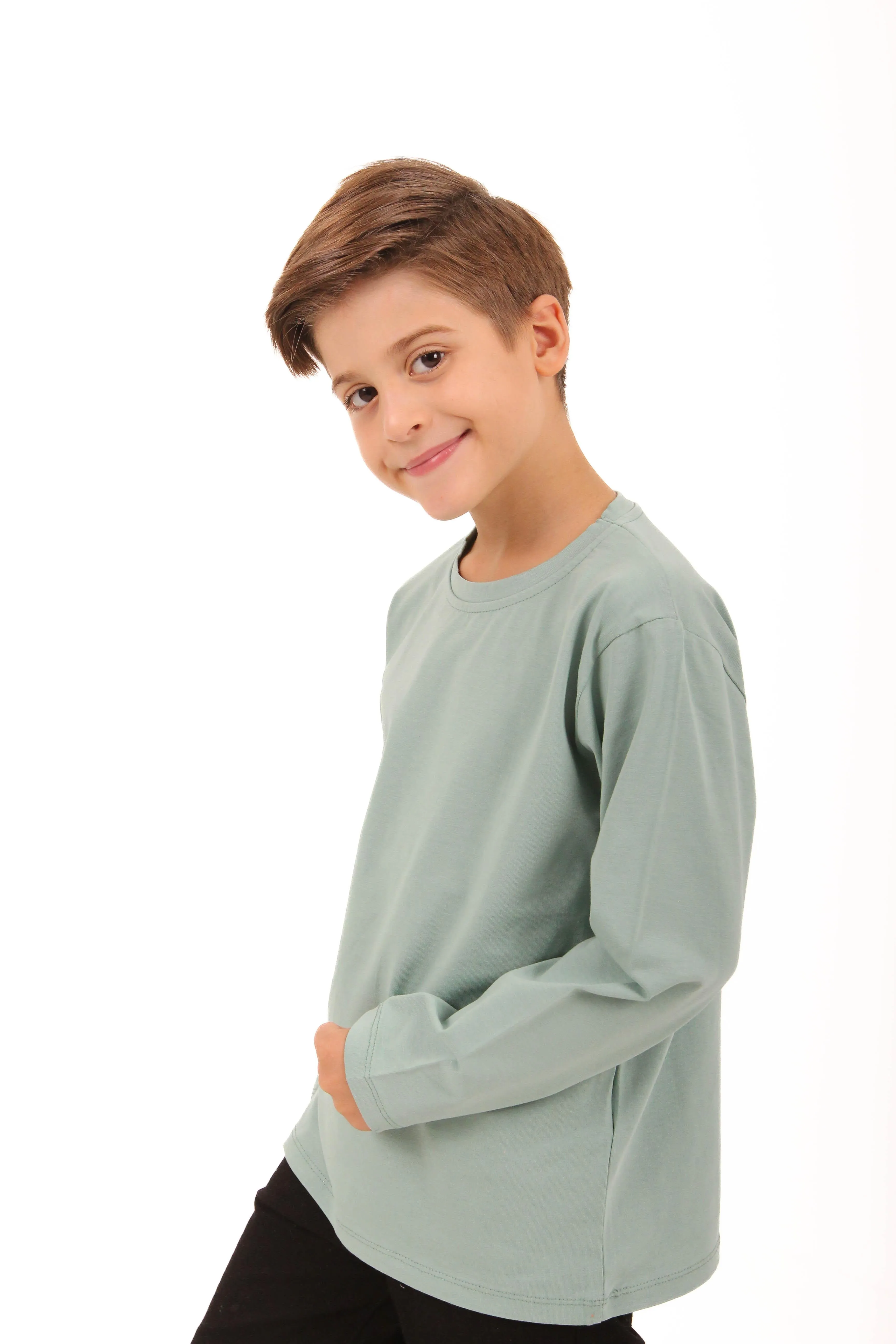 2li bisiklet yaka uzun kollu çizgili ve düz unisex çocuk sweatshirt