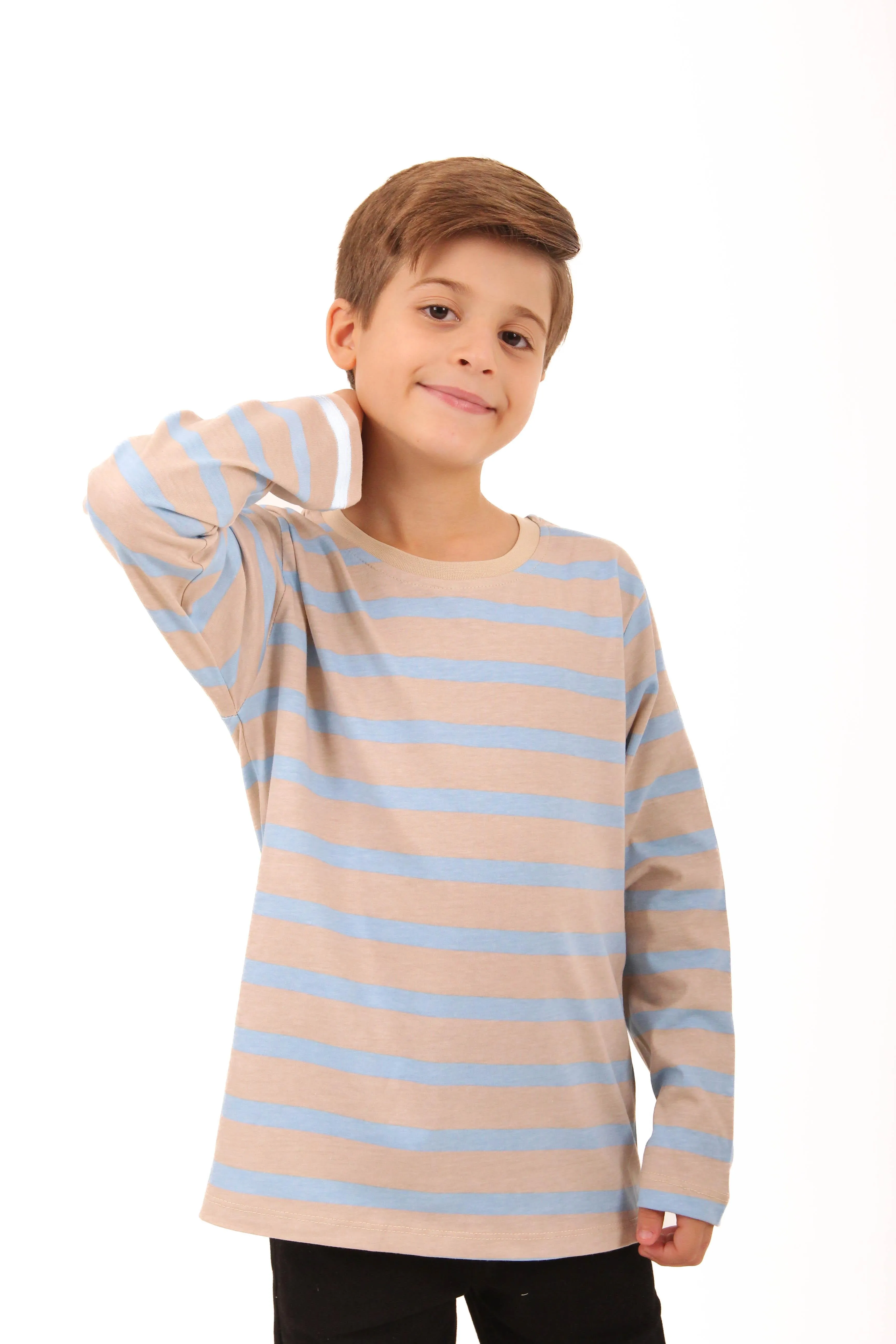 2li bisiklet yaka uzun kollu çizgili ve düz unisex çocuk sweatshirt