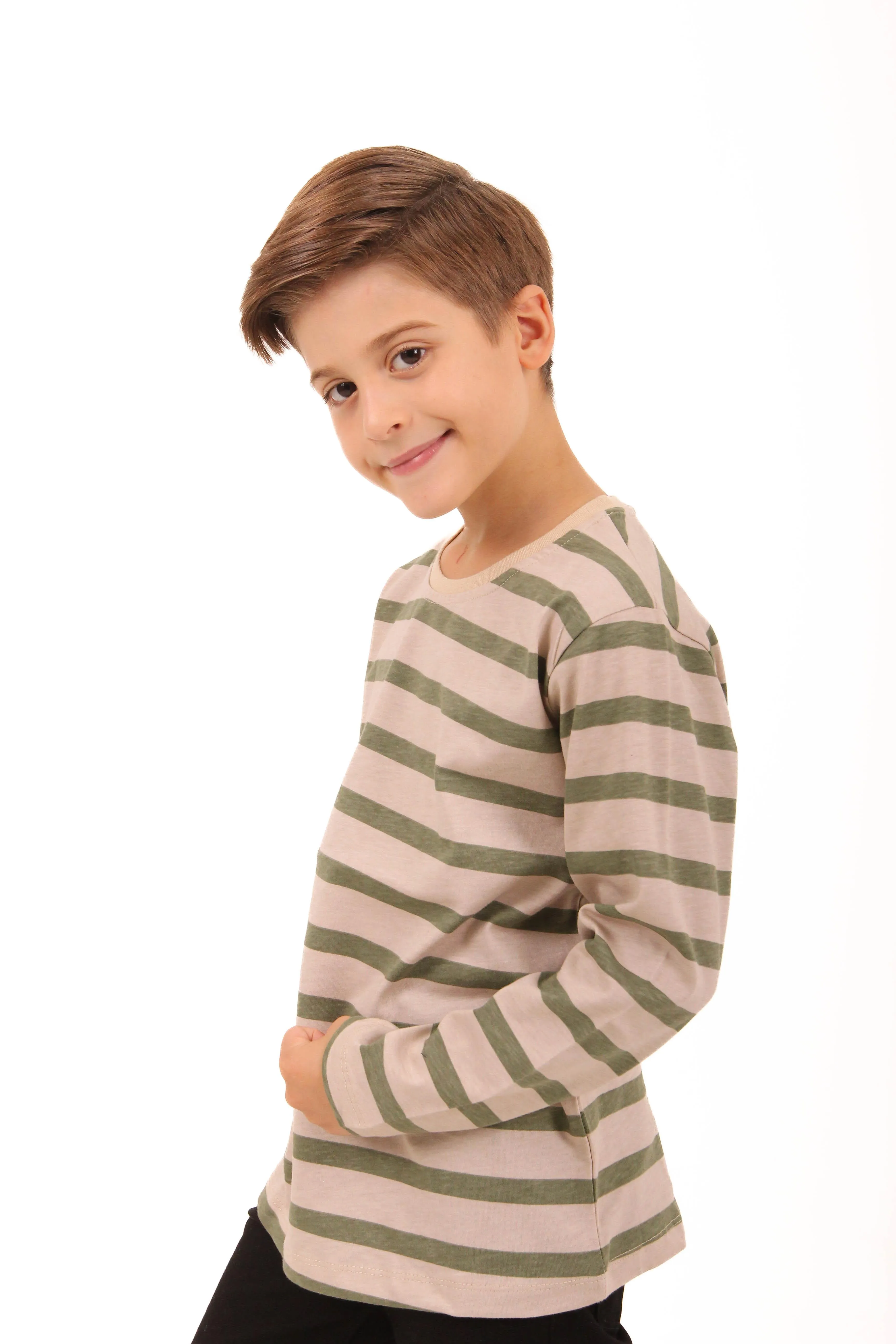 2li bisiklet yaka uzun kollu çizgili ve düz unisex çocuk sweatshirt
