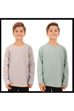 2li bisiklet yaka uzun kollu çizgili ve düz unisex çocuk sweatshirt