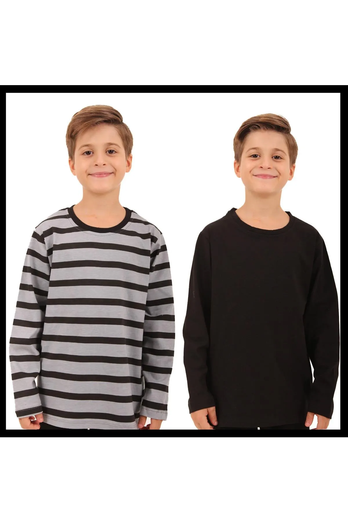 2li bisiklet yaka uzun kollu çizgili ve düz unisex çocuk sweatshirt