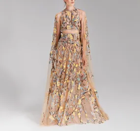 A Greige Tulle Dress With Cape