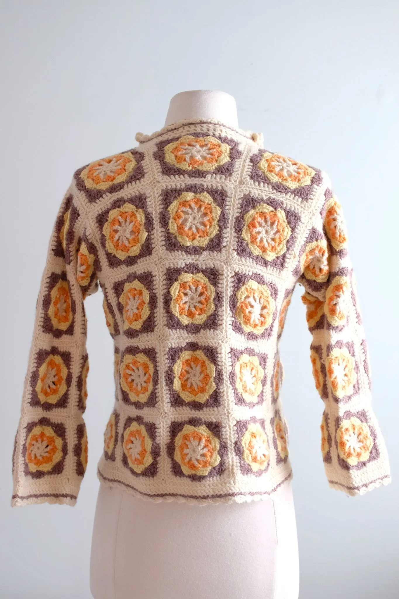 Adorable 1970's Crochet Granny Square Knit Sweater / Sz S