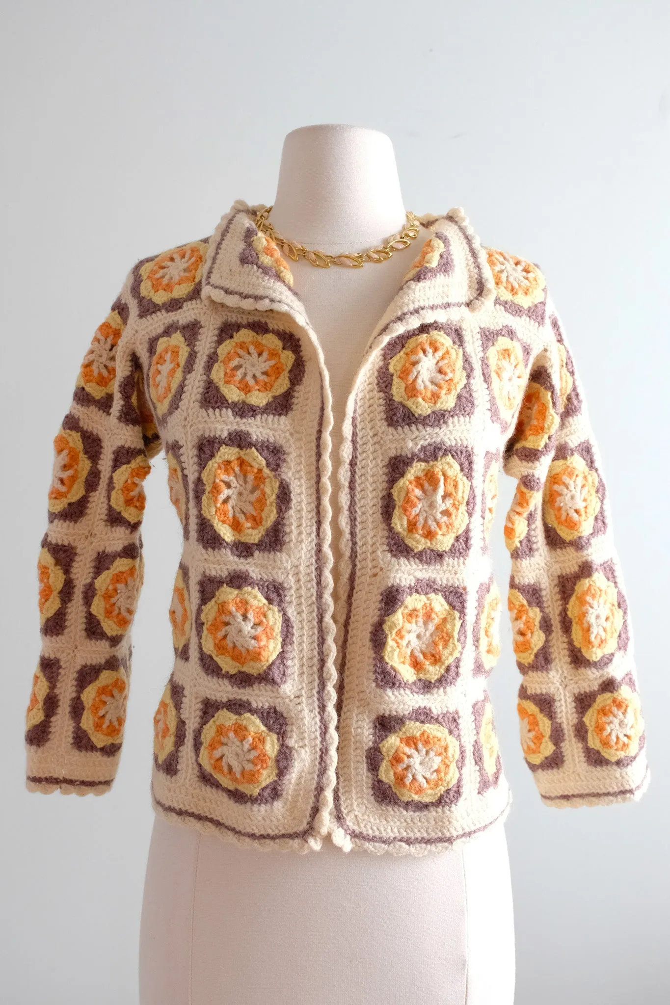 Adorable 1970's Crochet Granny Square Knit Sweater / Sz S
