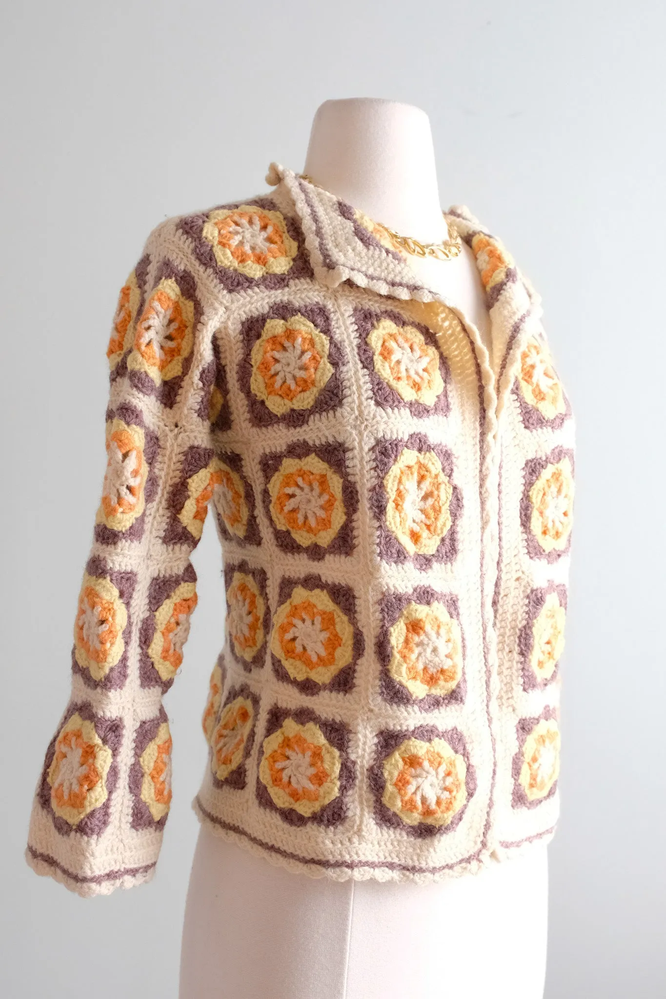 Adorable 1970's Crochet Granny Square Knit Sweater / Sz S