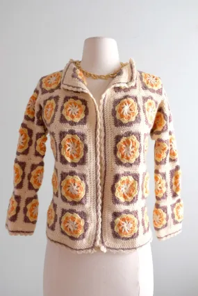 Adorable 1970's Crochet Granny Square Knit Sweater / Sz S