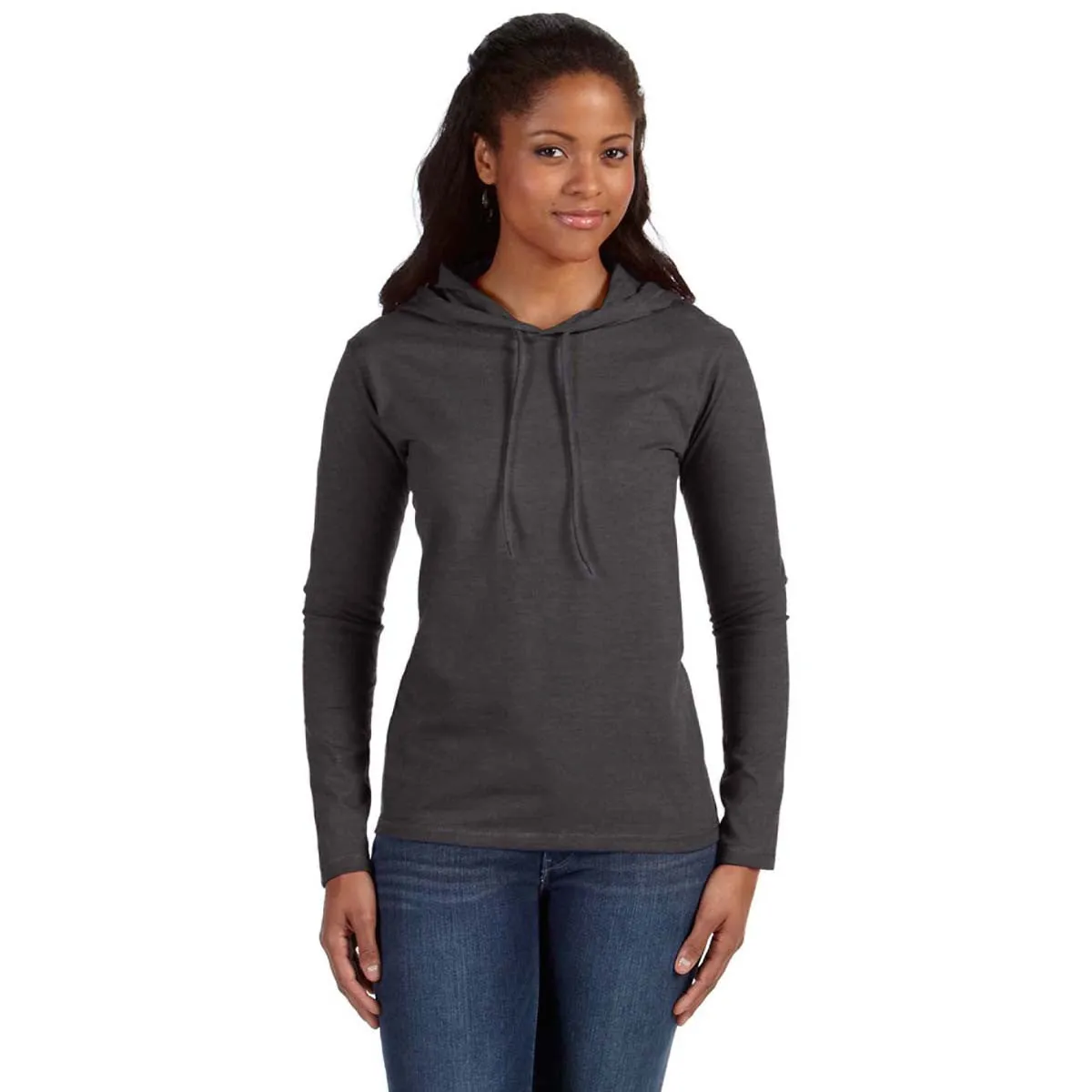 Anvil Women's Heather Dark Grey/Dark Grey Long-Sleeve Hooded T-Shirt