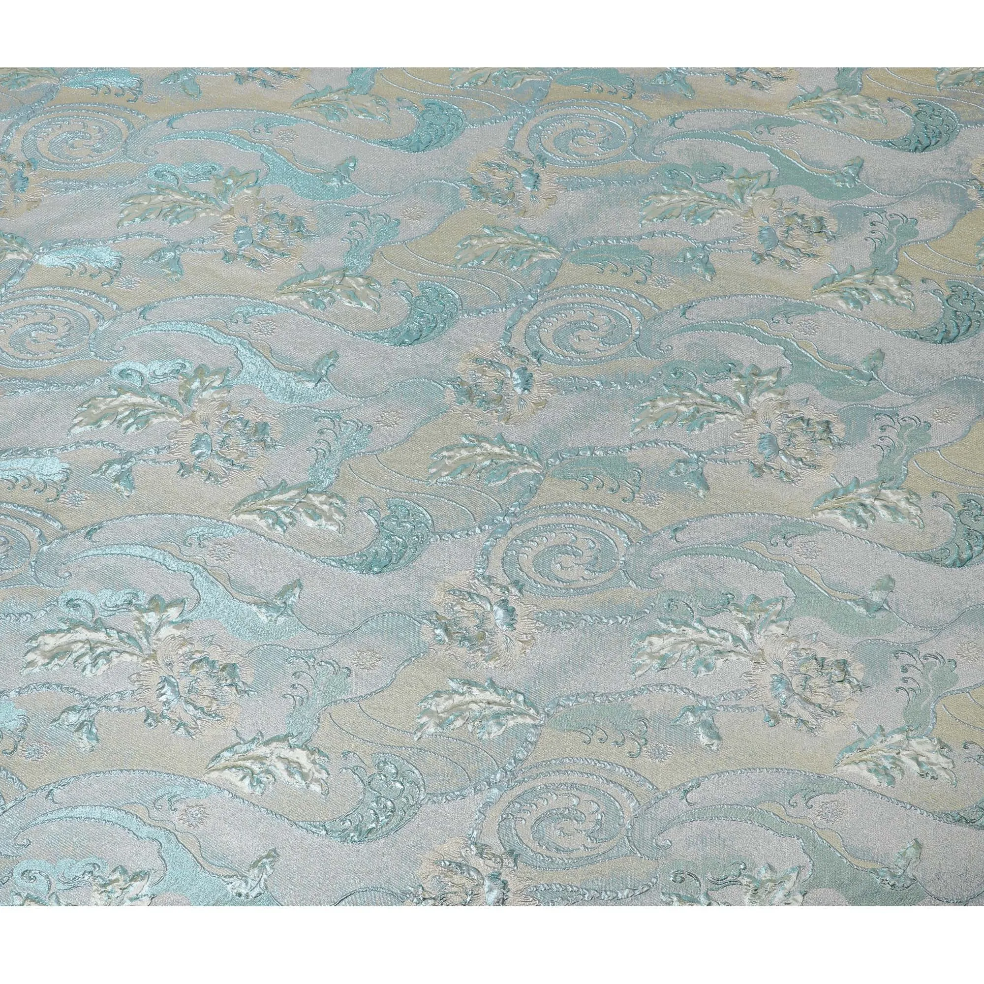 Aqua Blue and Silver Synthetic Brocade Fabric with Floral Swirl Design - 140 cm Width-D19800
