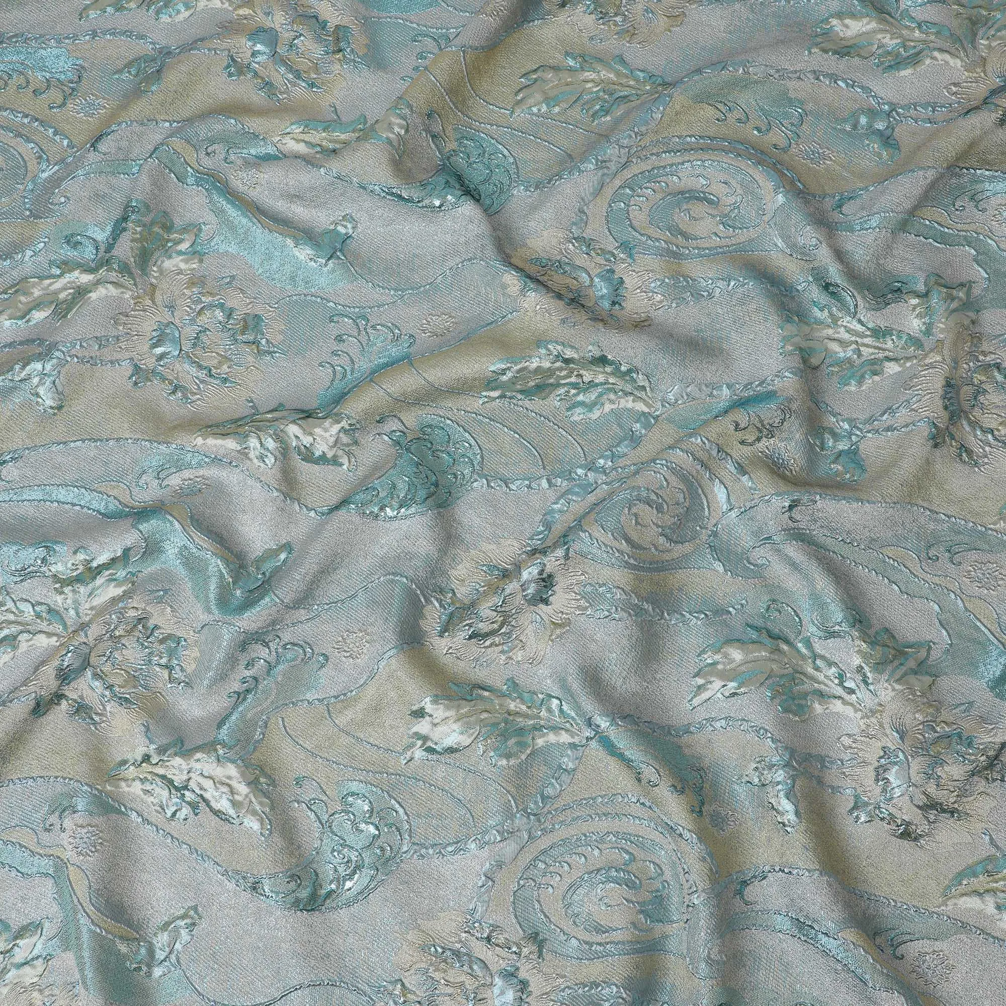 Aqua Blue and Silver Synthetic Brocade Fabric with Floral Swirl Design - 140 cm Width-D19800
