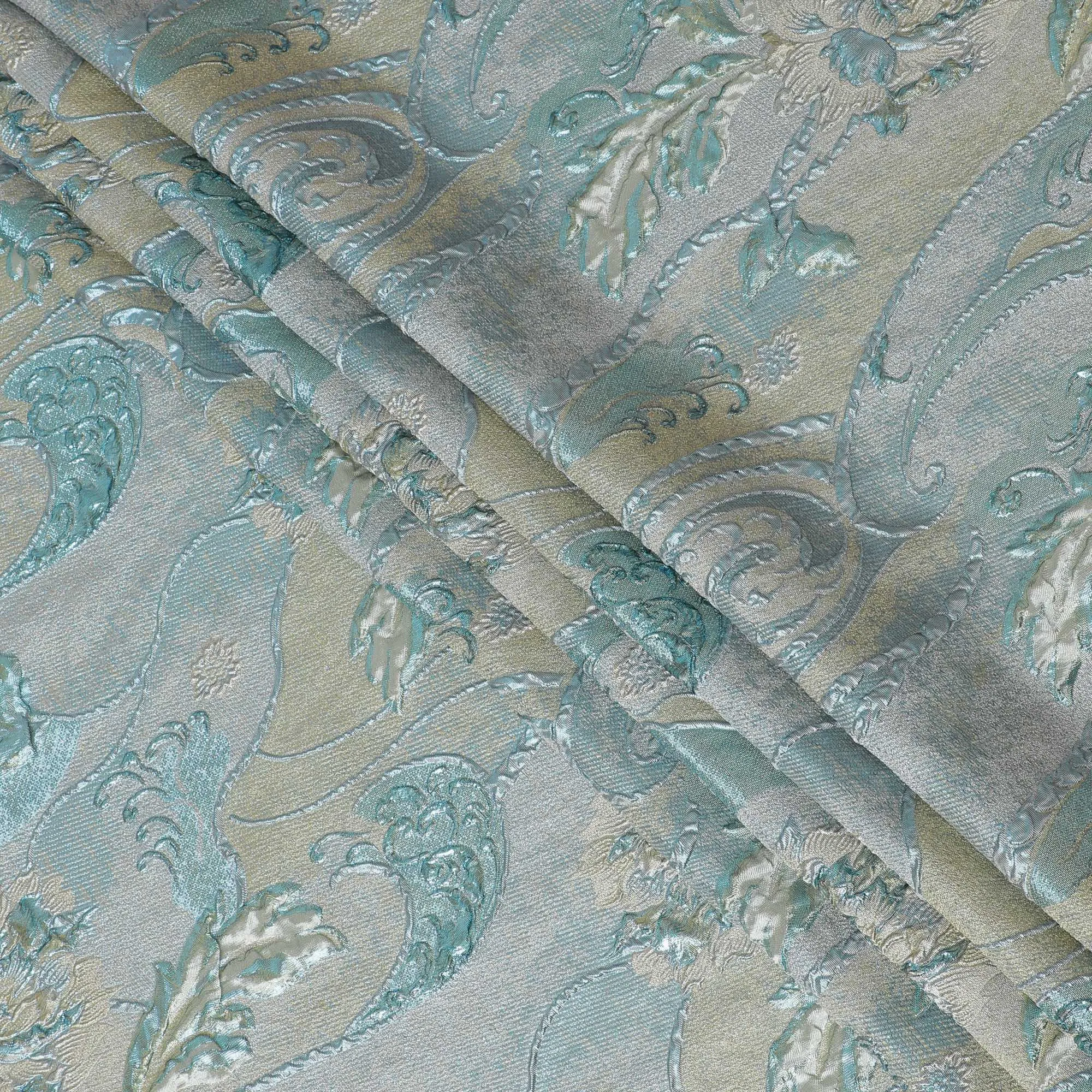 Aqua Blue and Silver Synthetic Brocade Fabric with Floral Swirl Design - 140 cm Width-D19800