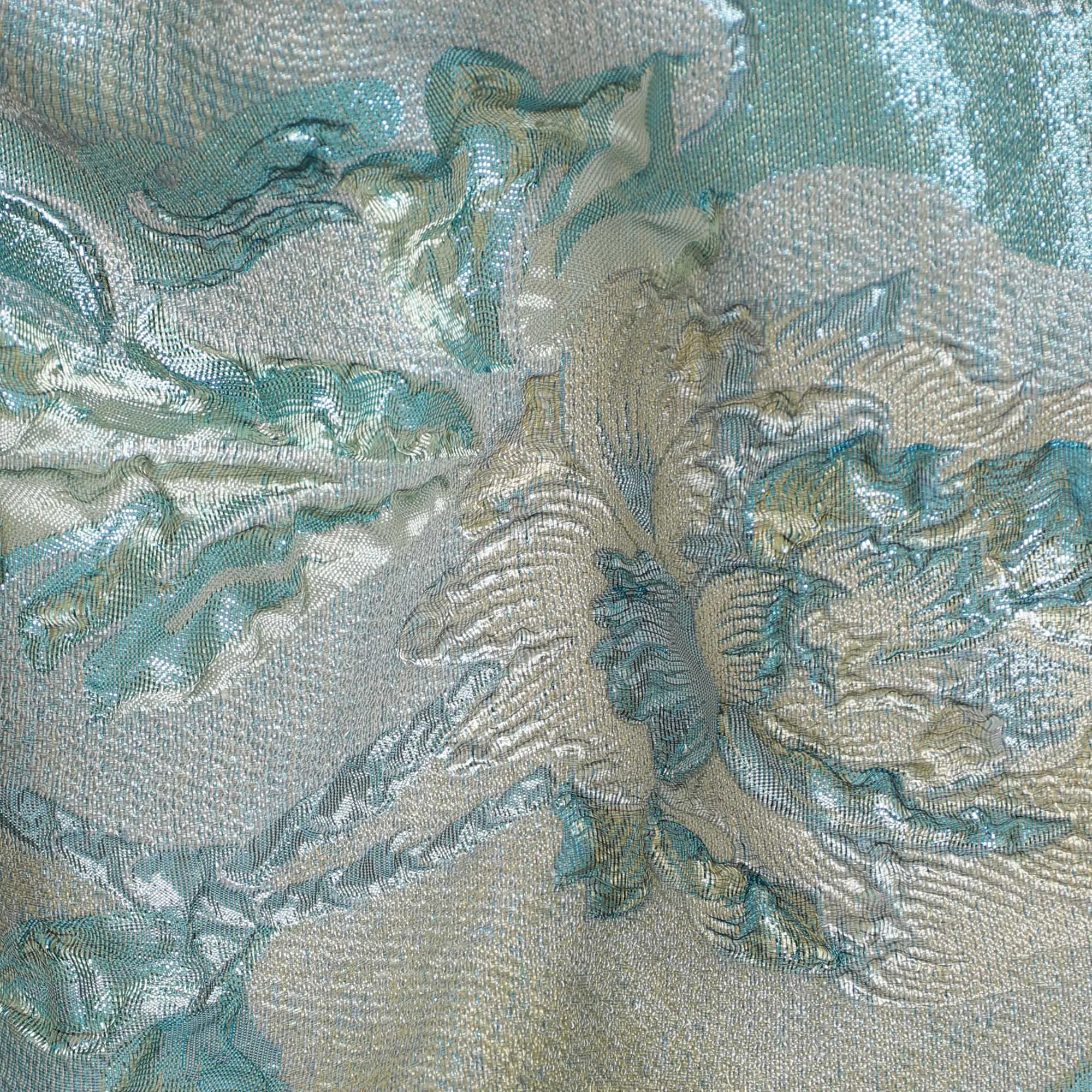 Aqua Blue and Silver Synthetic Brocade Fabric with Floral Swirl Design - 140 cm Width-D19800