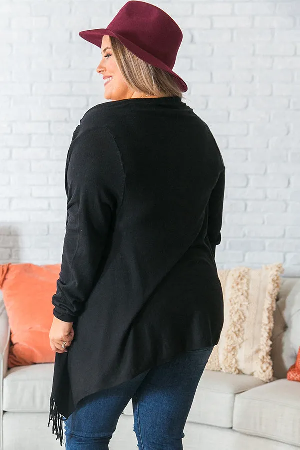 Aspen Arrival Fringe Cardigan In Black Curves