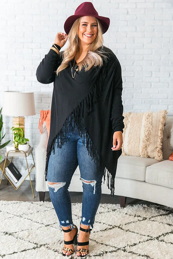 Aspen Arrival Fringe Cardigan In Black Curves