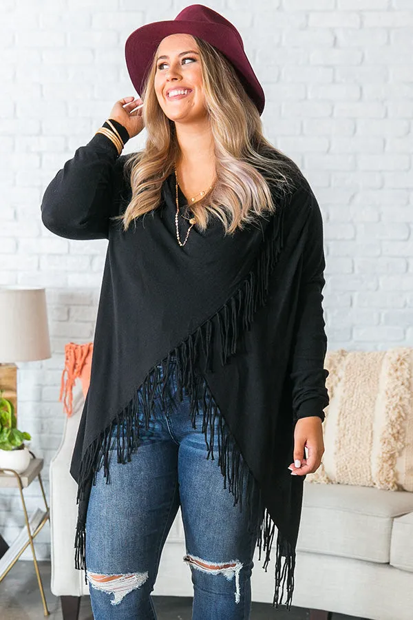 Aspen Arrival Fringe Cardigan In Black Curves