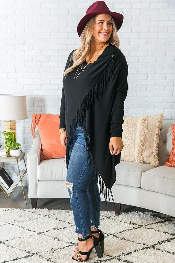 Aspen Arrival Fringe Cardigan In Black Curves
