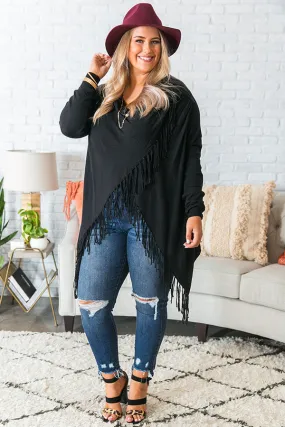 Aspen Arrival Fringe Cardigan In Black Curves