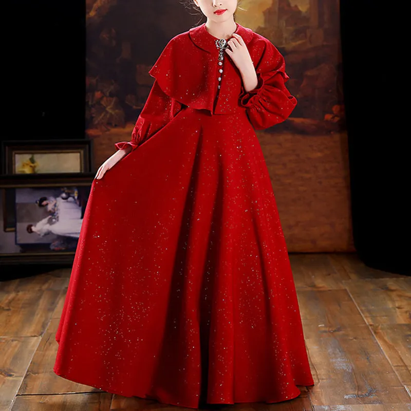 Baby Girl Dress Children Autumn Winter Red Cape Long Sleeve Princess Pageant Dress