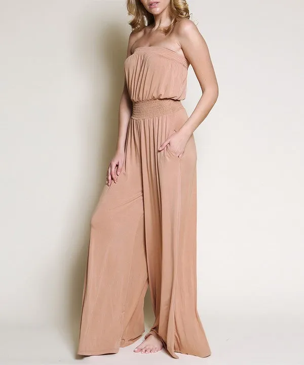 Bamboo Black Strapless Knit Jumpsuit w/Pockets