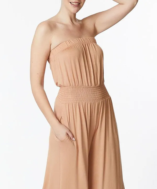 Bamboo Black Strapless Knit Jumpsuit w/Pockets