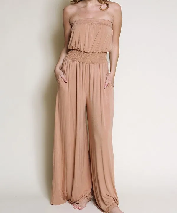 Bamboo Black Strapless Knit Jumpsuit w/Pockets
