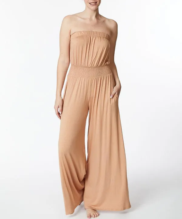 Bamboo Black Strapless Knit Jumpsuit w/Pockets