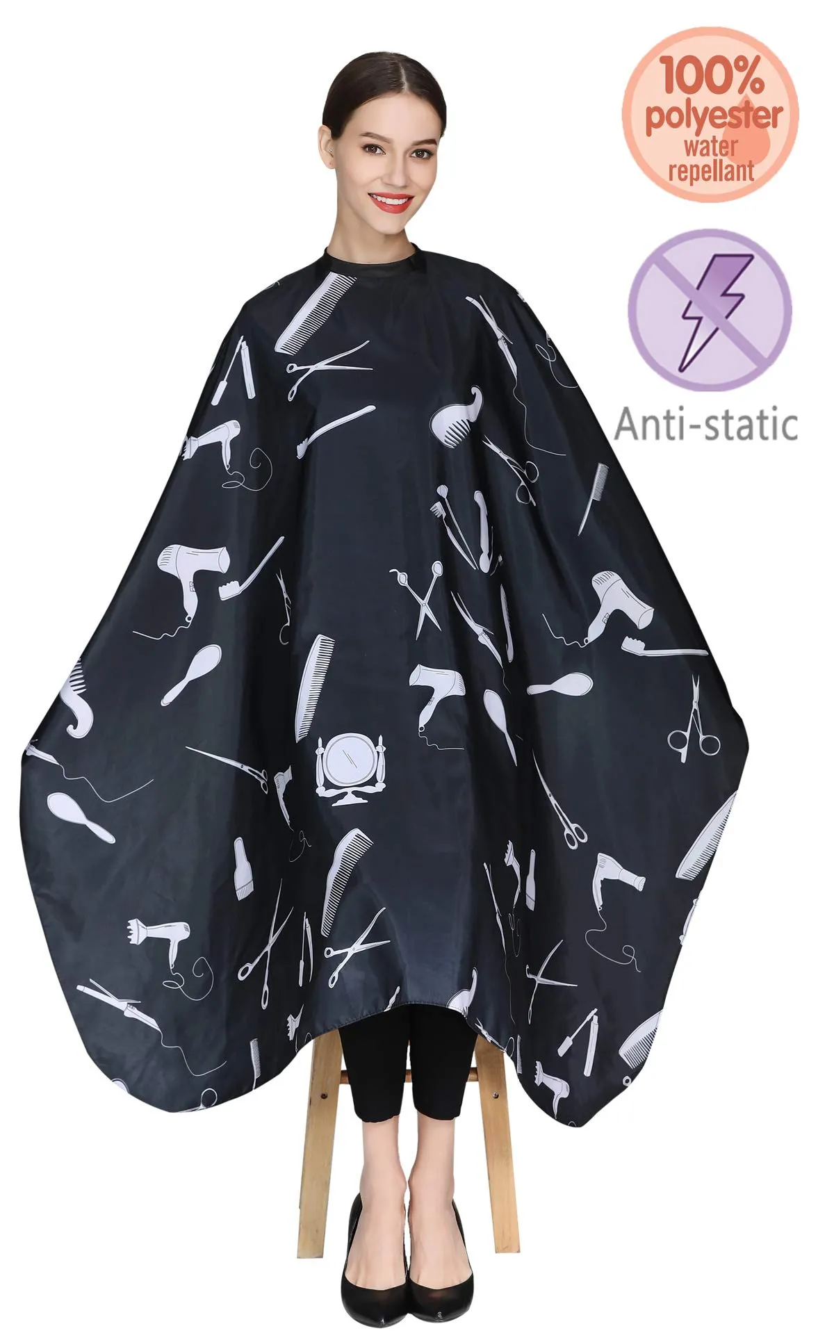 Barber Hair Cutting Cape with Snap Closure, Salon Hair Styling Cape Cover for Adults Clients-Black