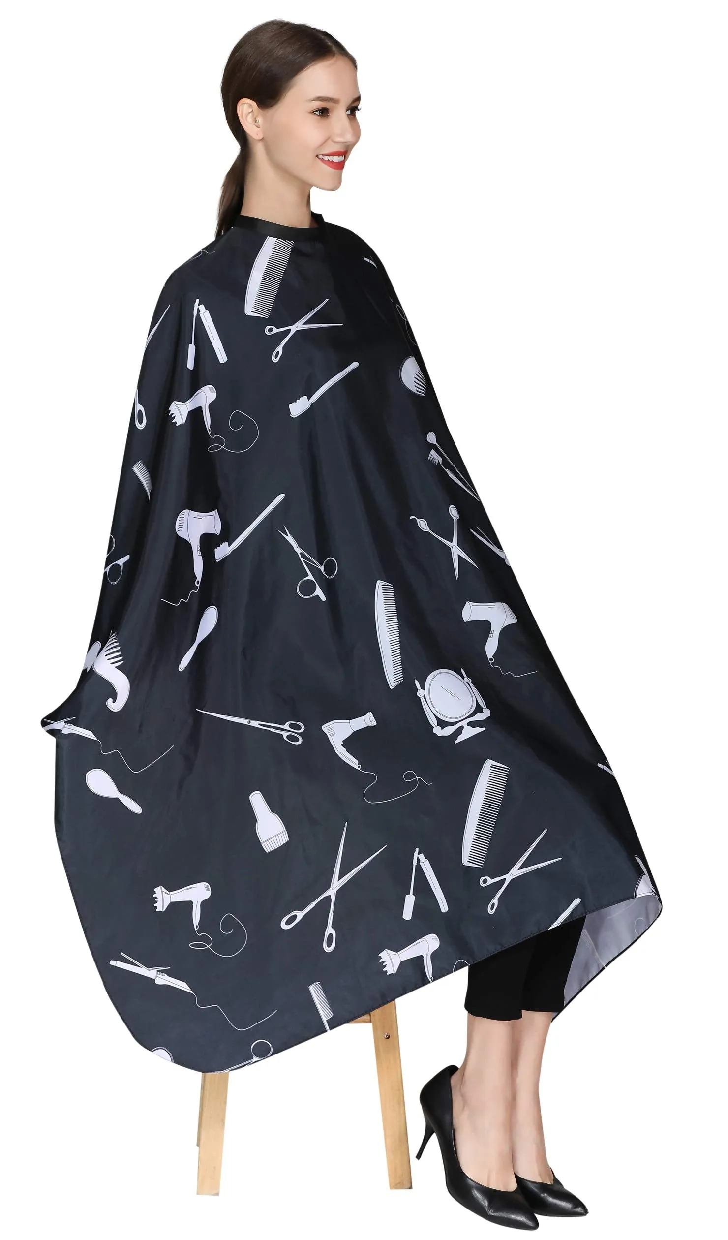 Barber Hair Cutting Cape with Snap Closure, Salon Hair Styling Cape Cover for Adults Clients-Black