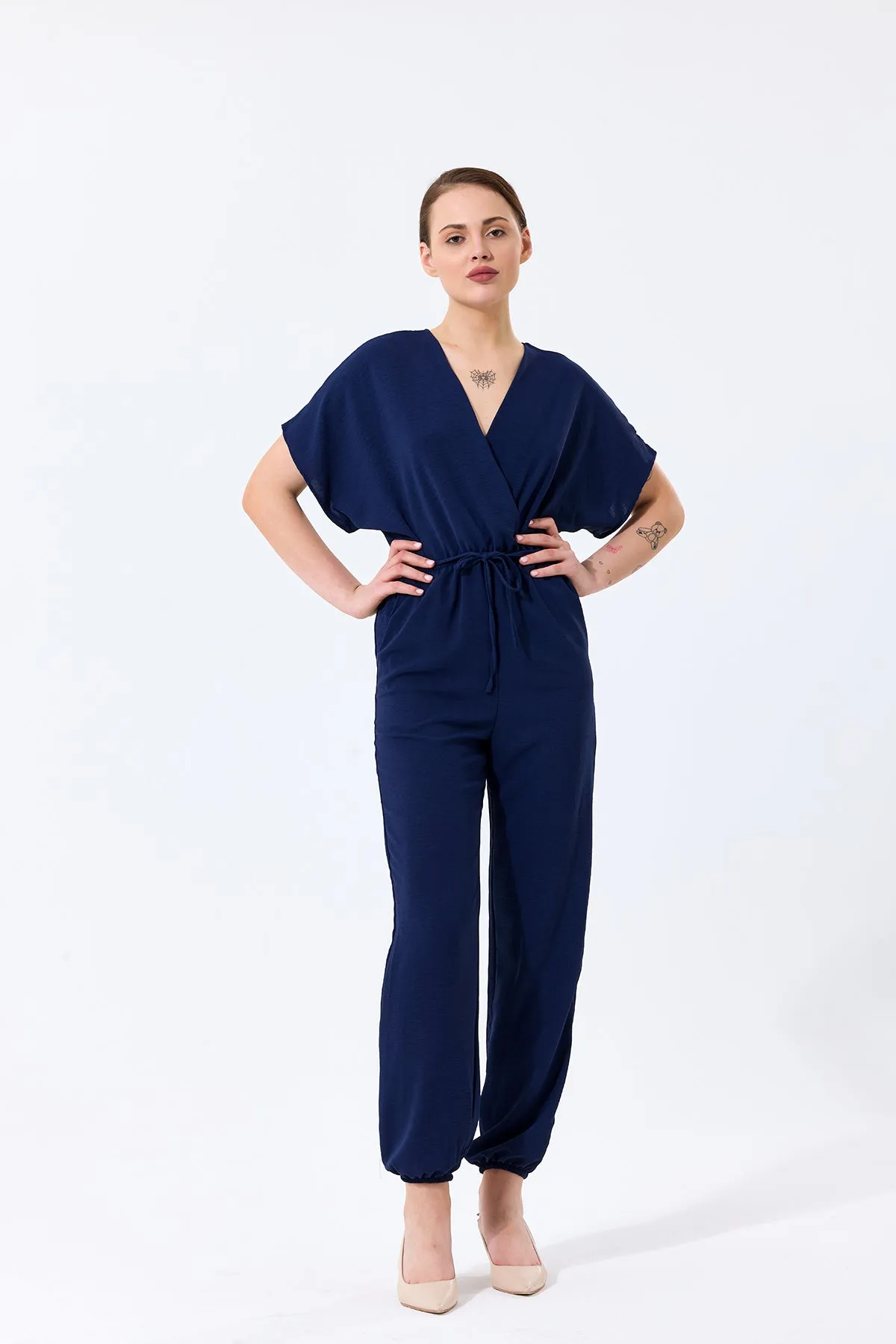 Batwing Sleeve Jumpsuit with Elastic Waist in Classic Navy