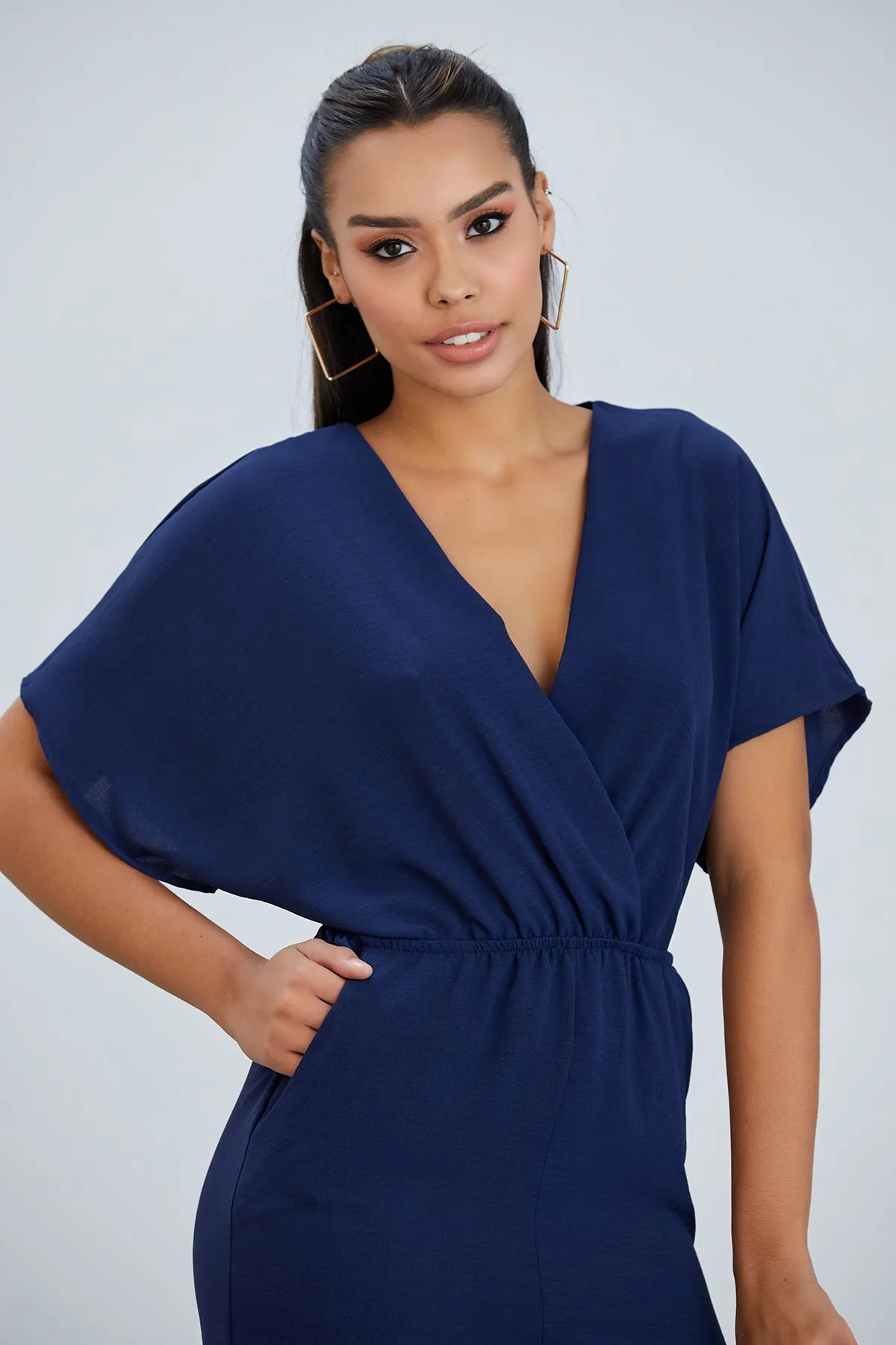 Batwing Sleeve Jumpsuit with Elastic Waist in Classic Navy