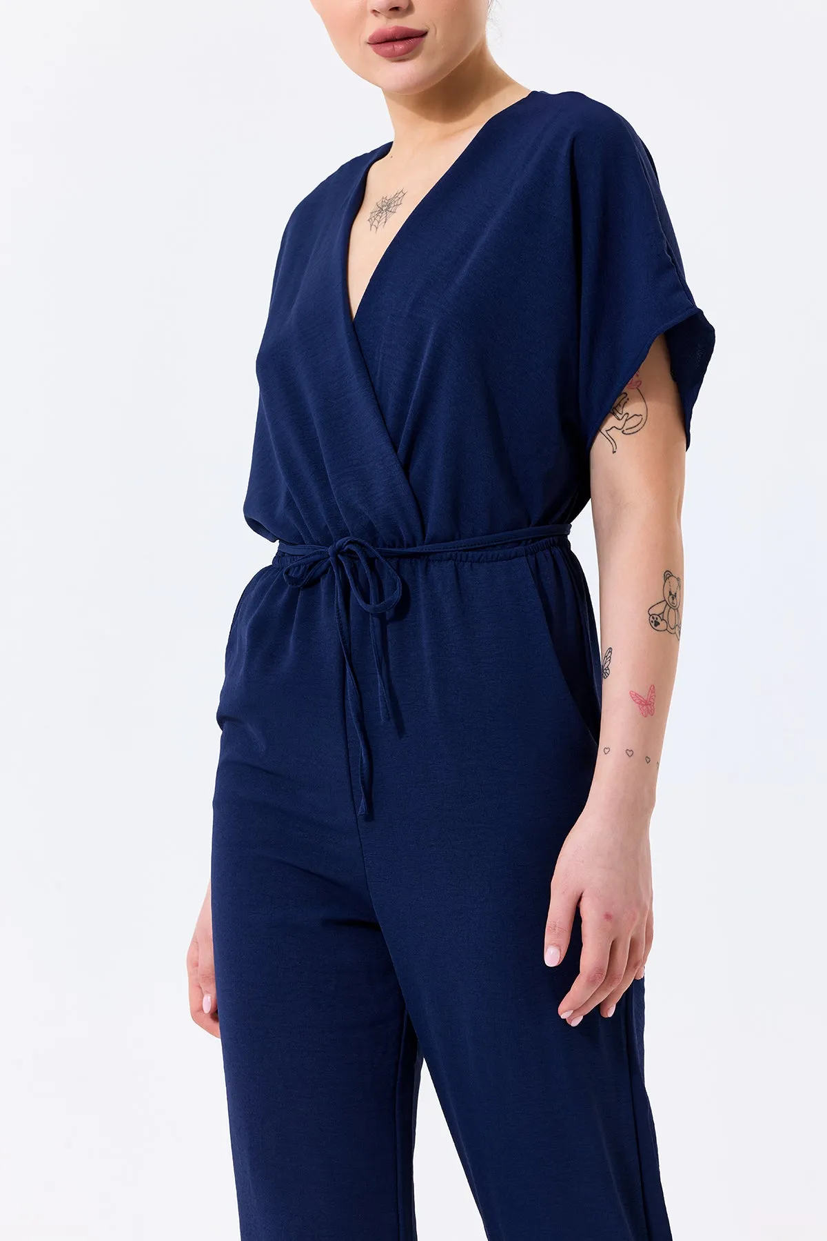 Batwing Sleeve Jumpsuit with Elastic Waist in Classic Navy