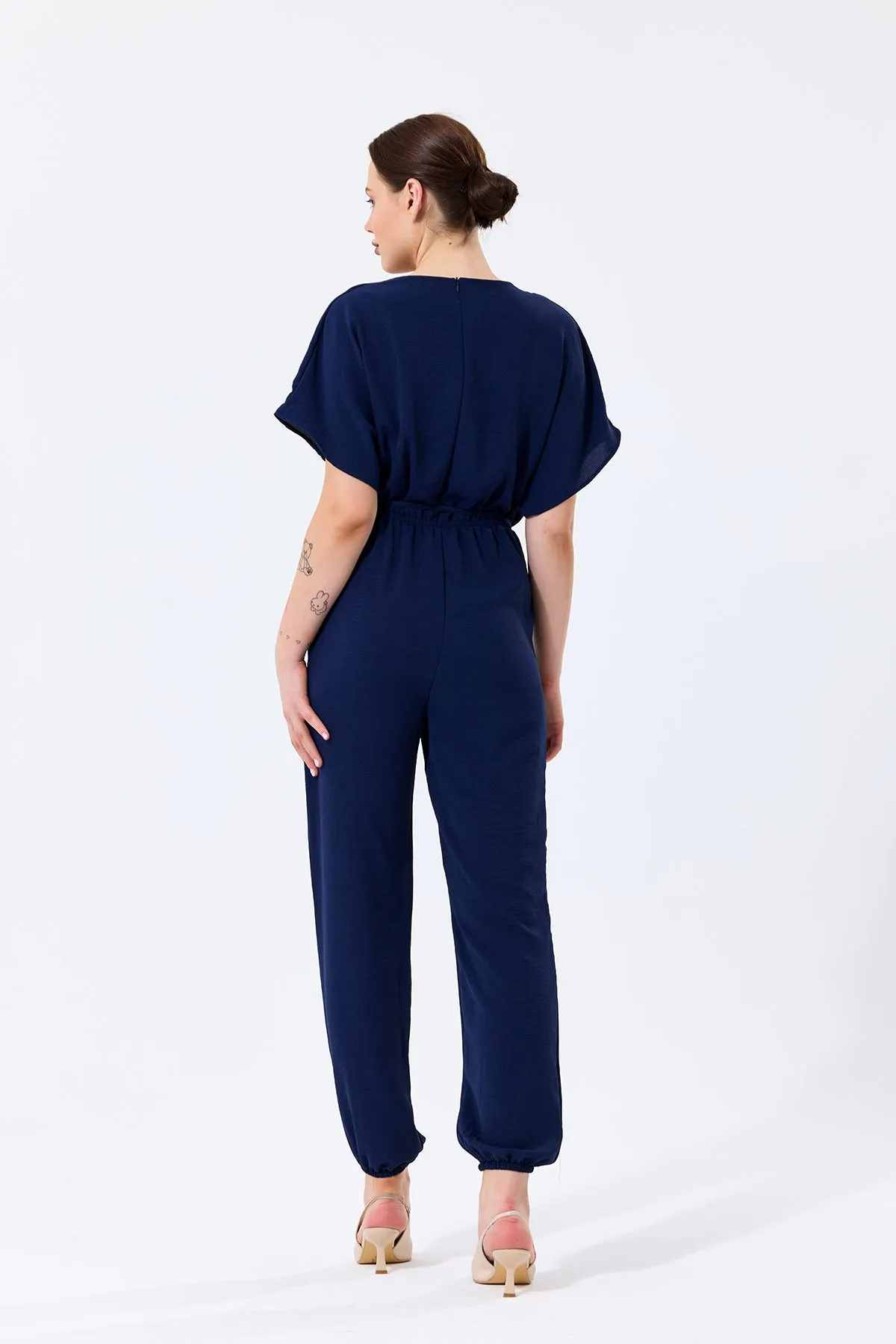 Batwing Sleeve Jumpsuit with Elastic Waist in Classic Navy