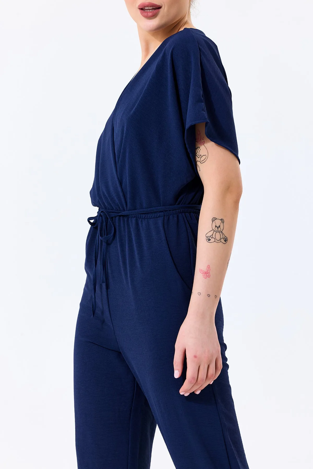 Batwing Sleeve Jumpsuit with Elastic Waist in Classic Navy