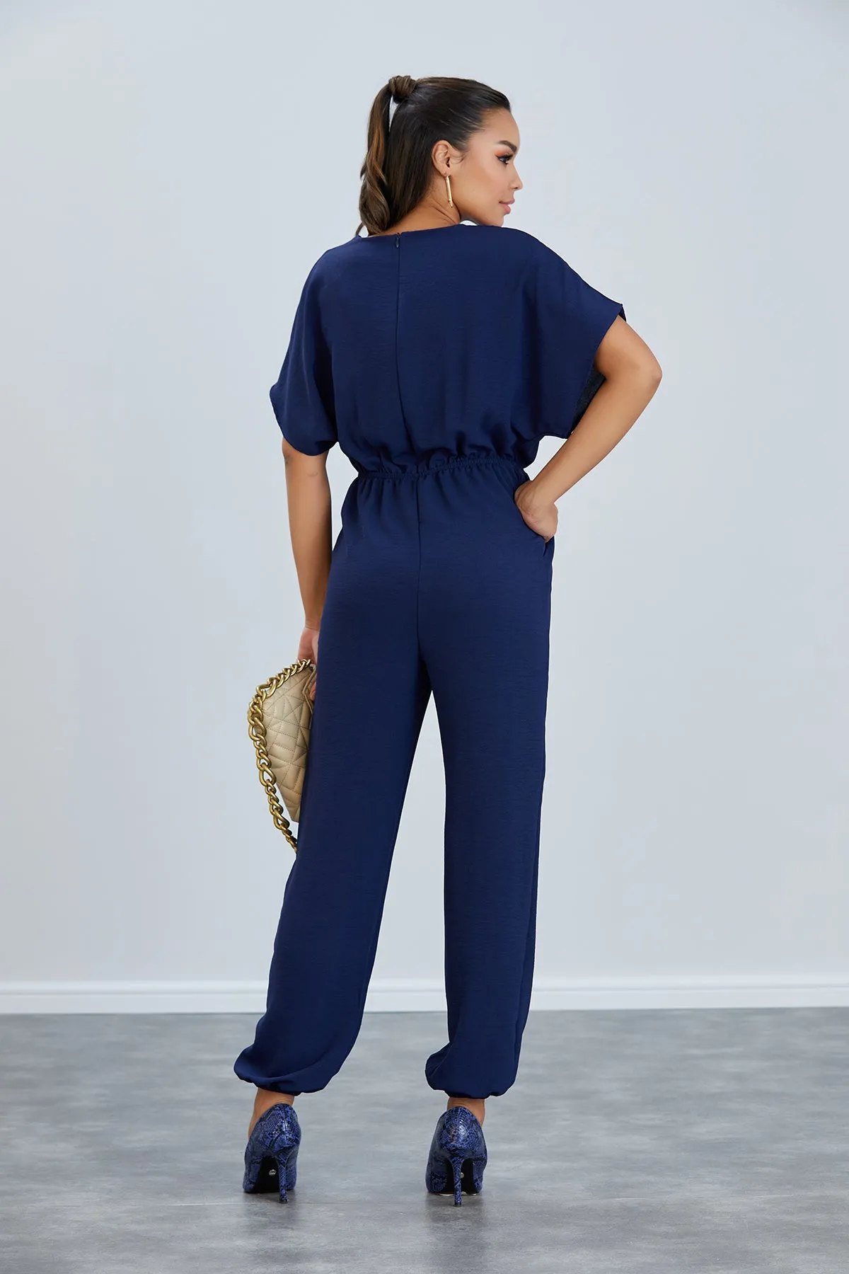 Batwing Sleeve Jumpsuit with Elastic Waist in Classic Navy