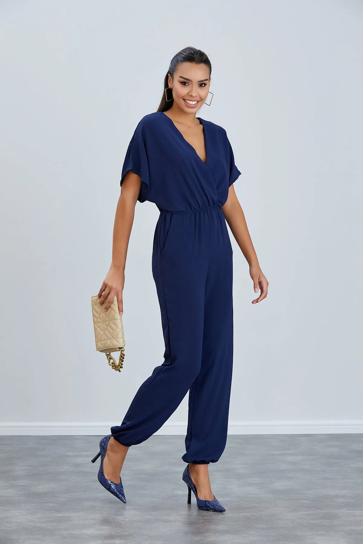Batwing Sleeve Jumpsuit with Elastic Waist in Classic Navy