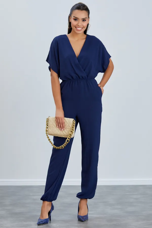 Batwing Sleeve Jumpsuit with Elastic Waist in Classic Navy