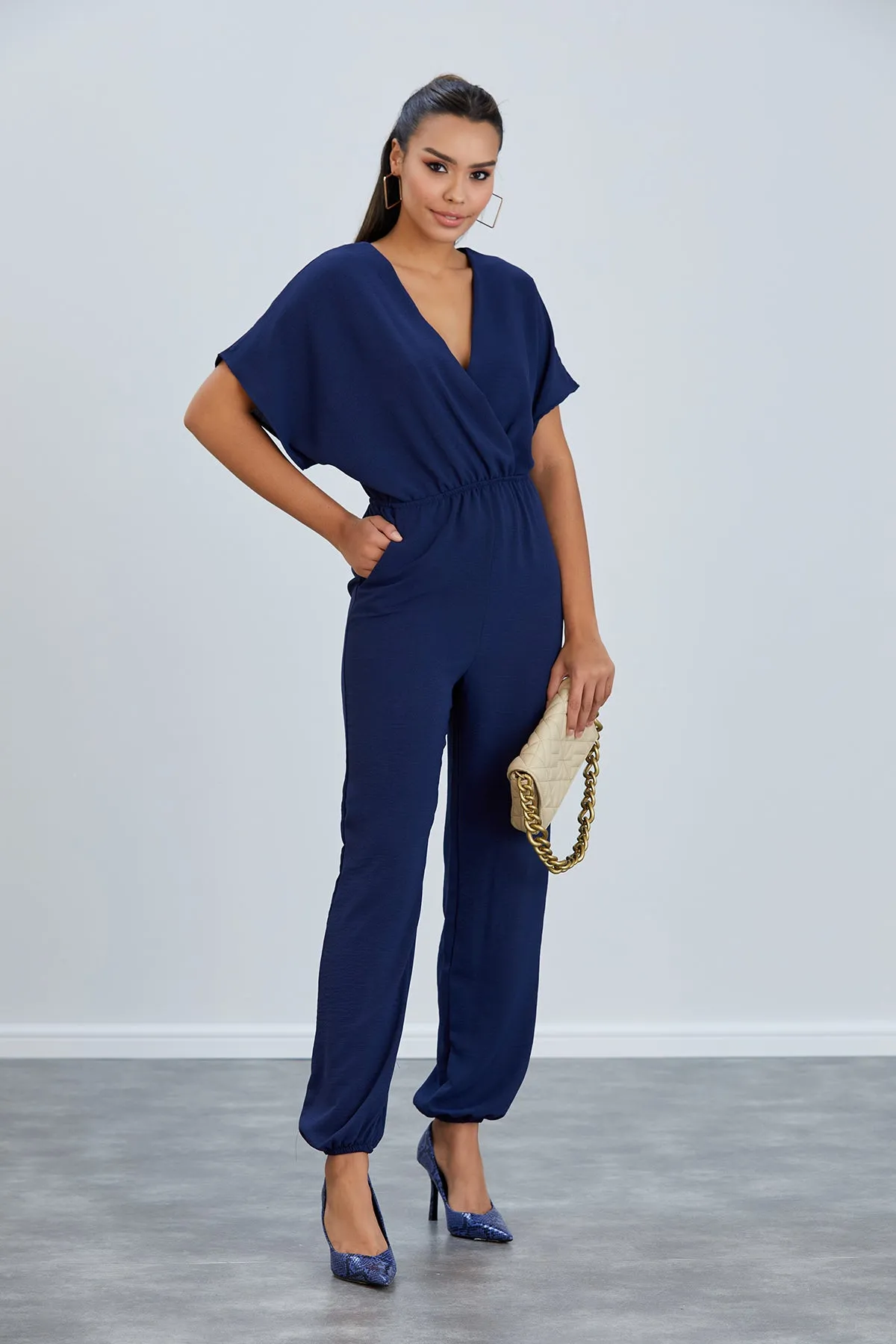 Batwing Sleeve Jumpsuit with Elastic Waist in Classic Navy