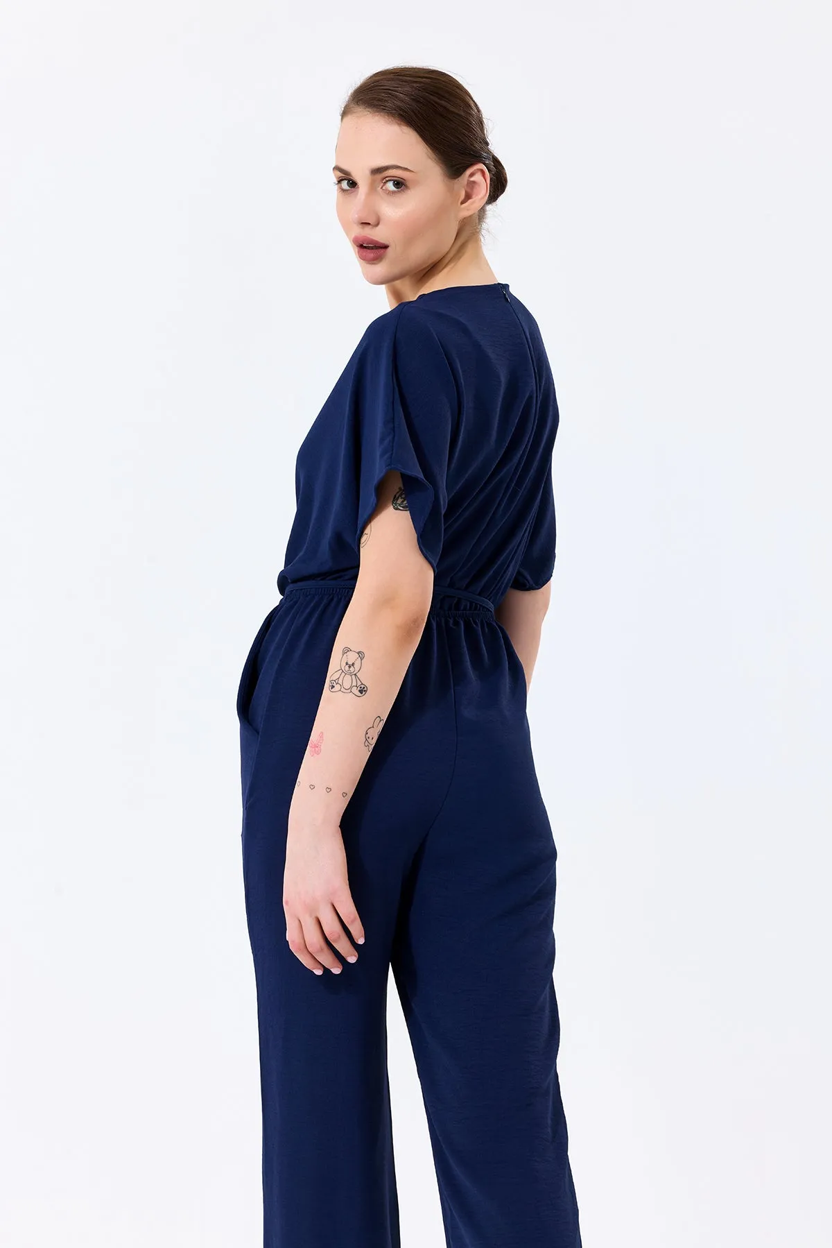 Batwing Sleeve Jumpsuit with Elastic Waist in Classic Navy