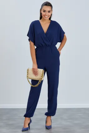 Batwing Sleeve Jumpsuit with Elastic Waist in Classic Navy