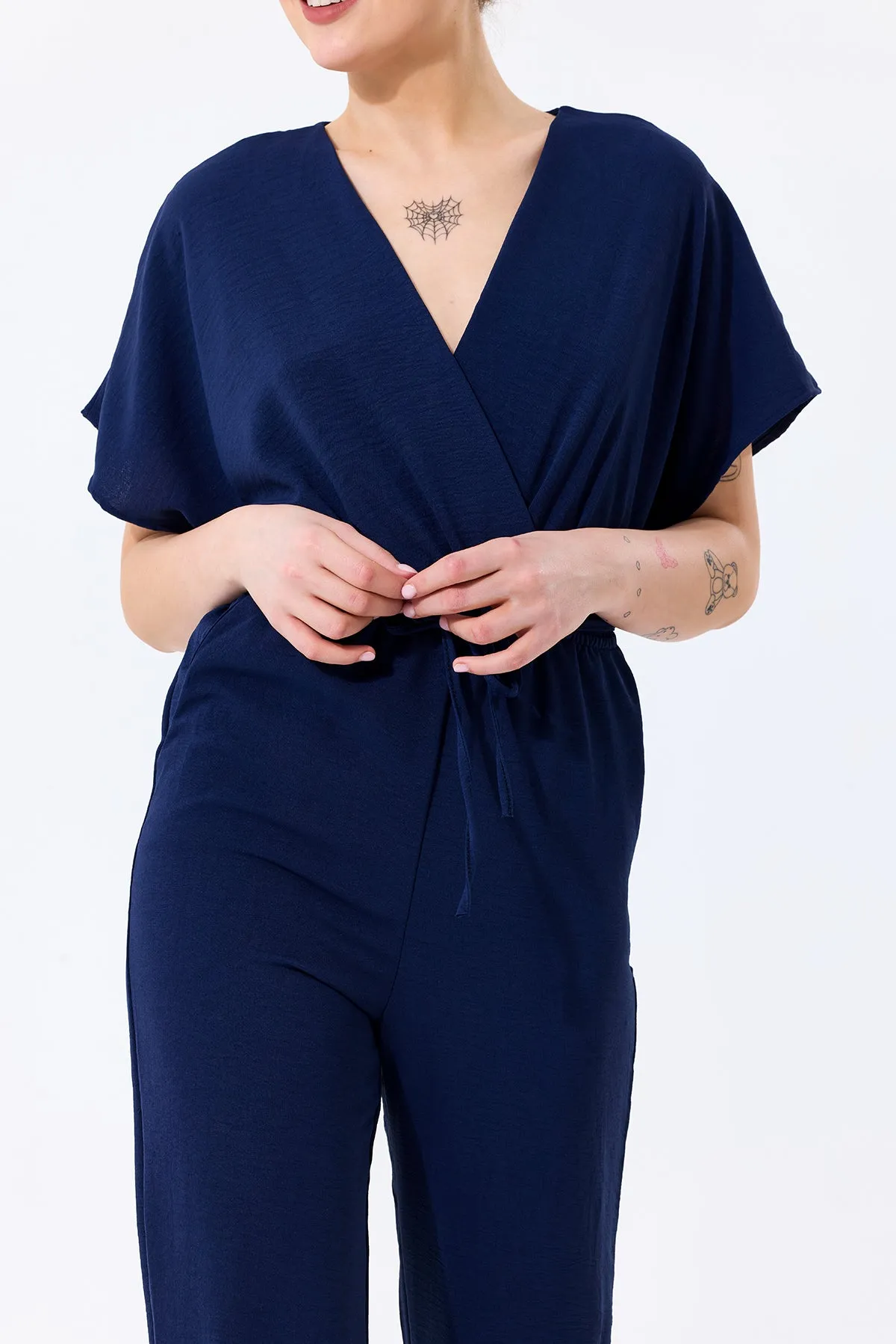 Batwing Sleeve Jumpsuit with Elastic Waist in Classic Navy