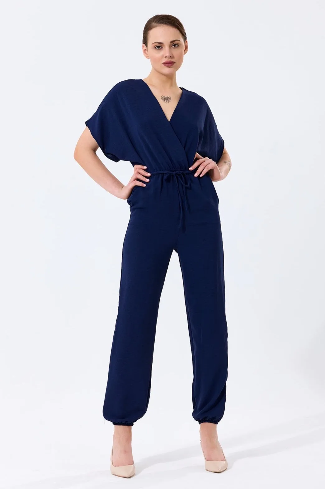Batwing Sleeve Jumpsuit with Elastic Waist in Classic Navy