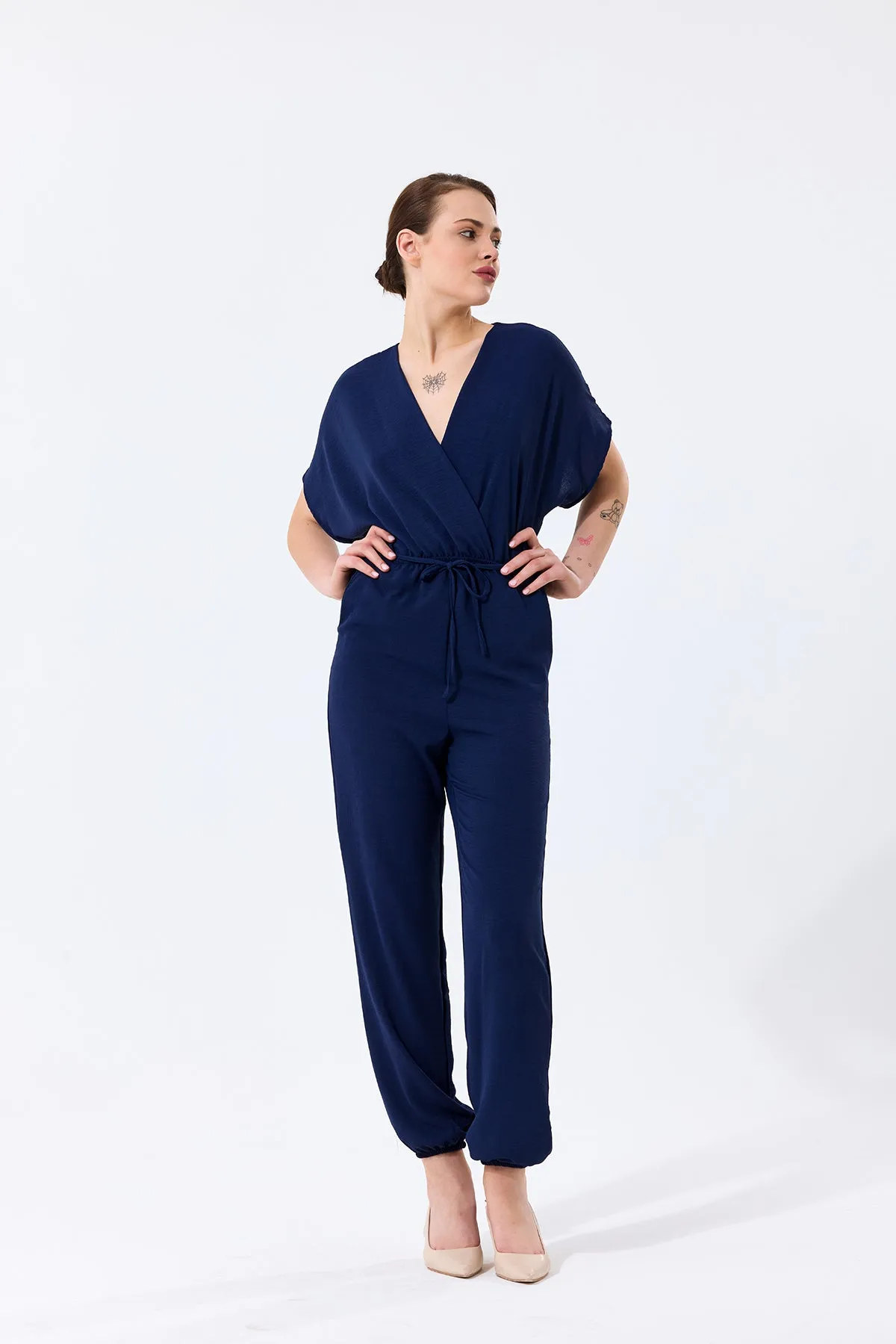 Batwing Sleeve Jumpsuit with Elastic Waist in Classic Navy