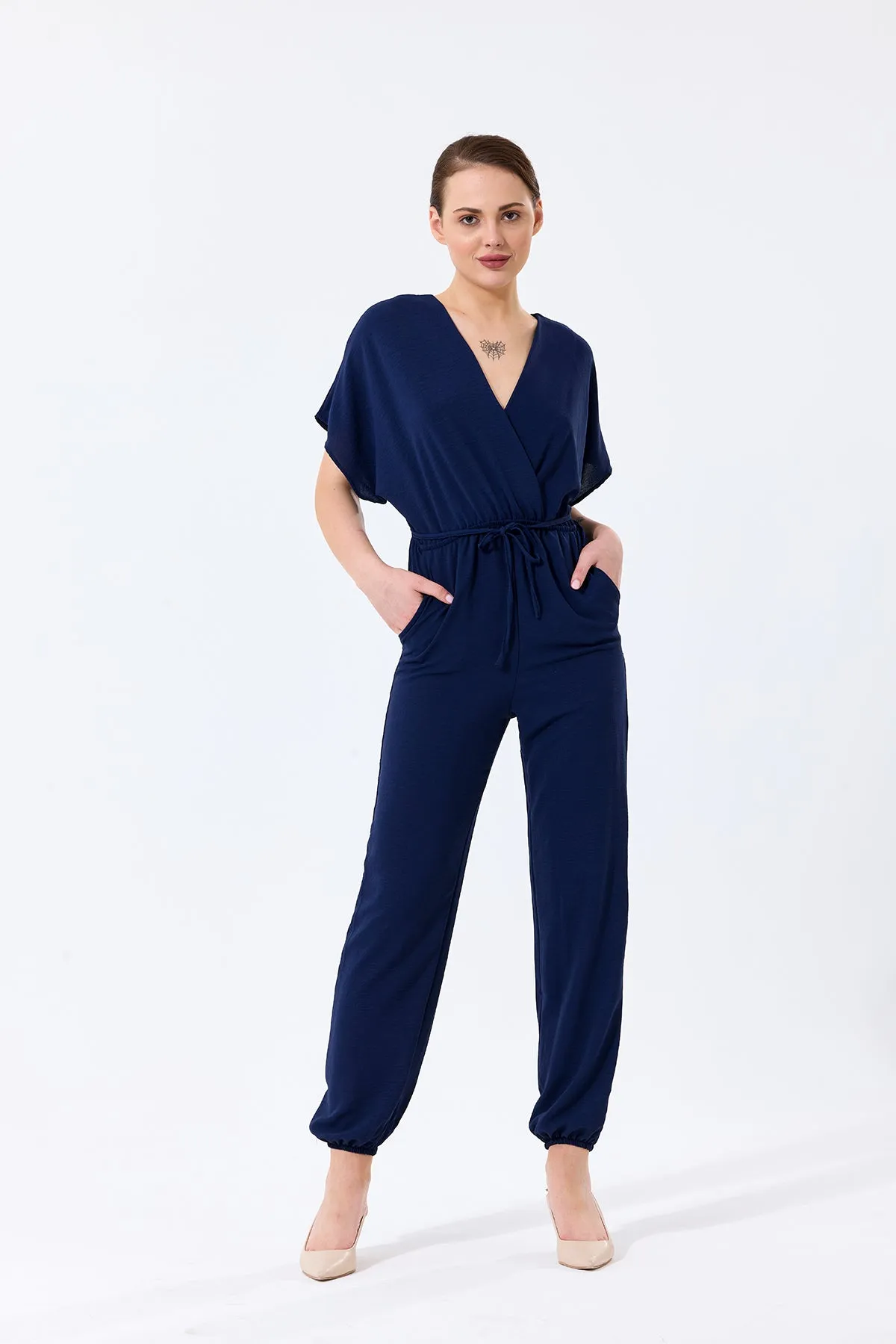 Batwing Sleeve Jumpsuit with Elastic Waist in Classic Navy