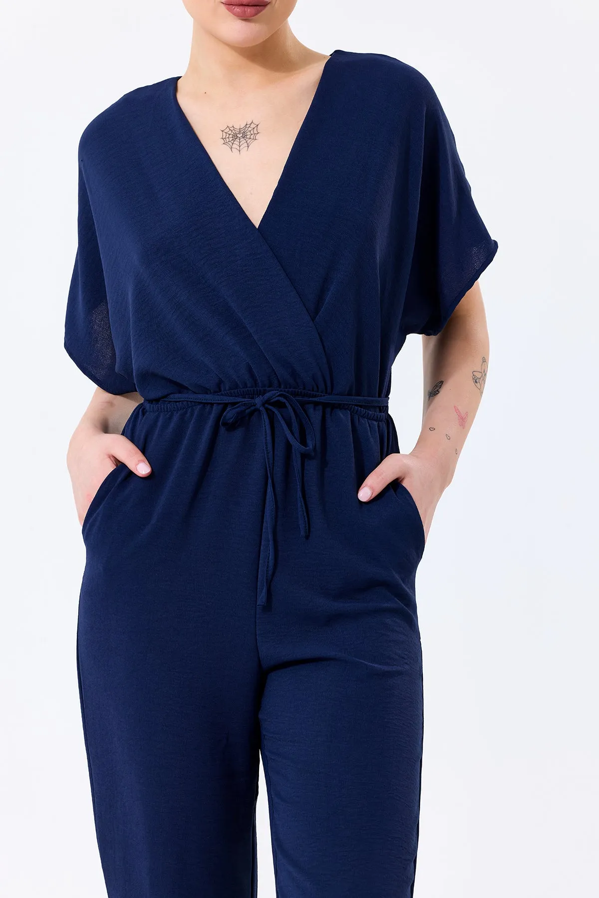 Batwing Sleeve Jumpsuit with Elastic Waist in Classic Navy