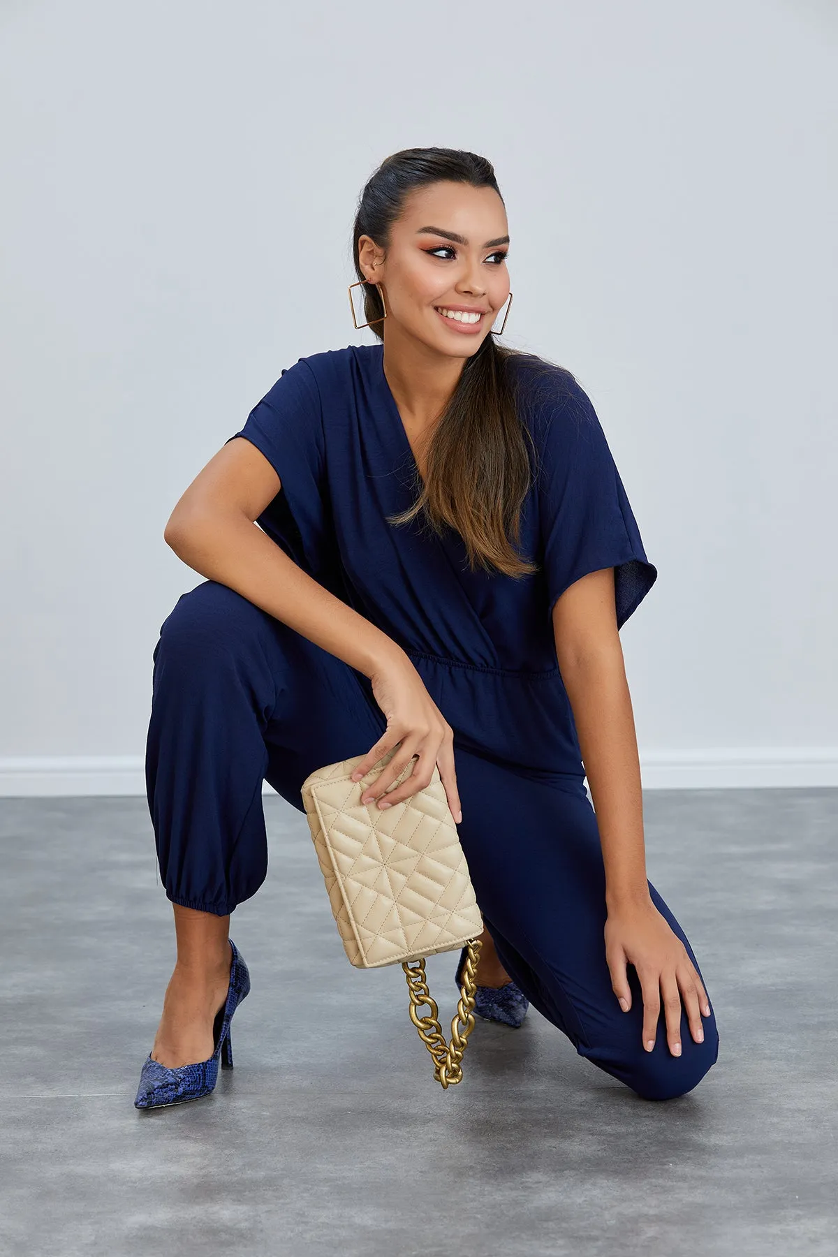 Batwing Sleeve Jumpsuit with Elastic Waist in Classic Navy