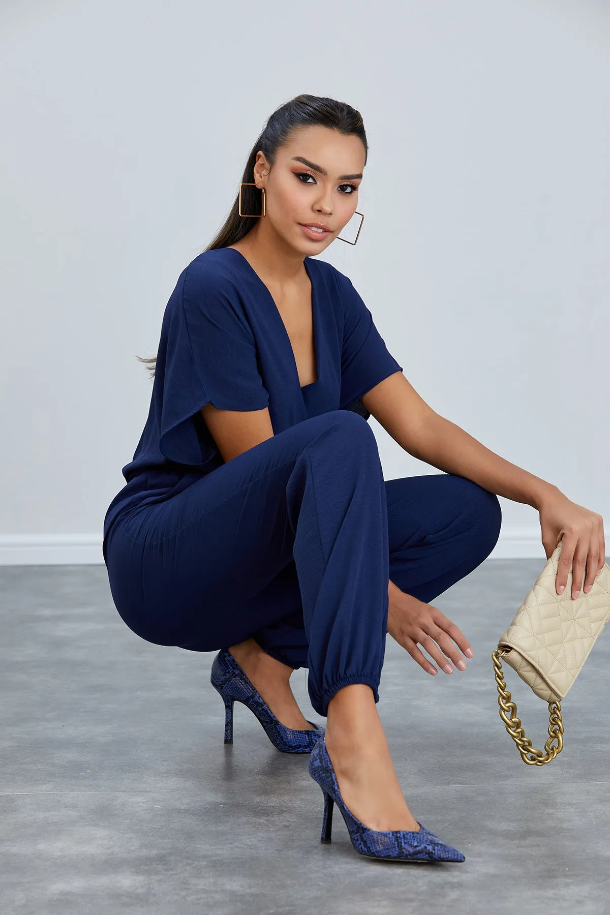 Batwing Sleeve Jumpsuit with Elastic Waist in Classic Navy