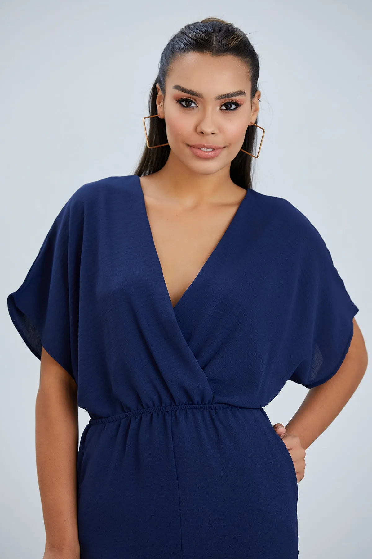 Batwing Sleeve Jumpsuit with Elastic Waist in Classic Navy