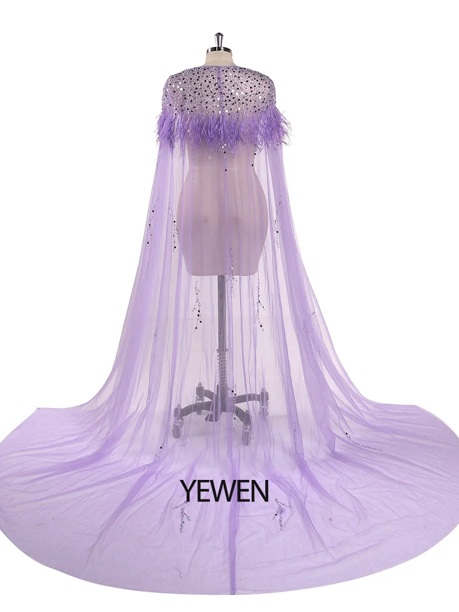 Beading Tulle Cape with Ostrich Hair Fancy Photo Shoot Props
