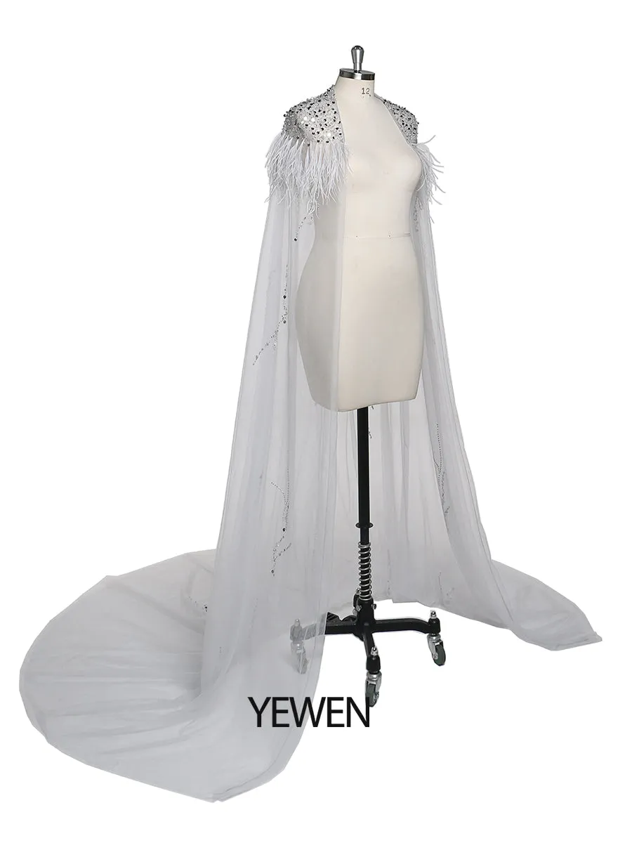 Beading Tulle Cape with Ostrich Hair Fancy Photo Shoot Props